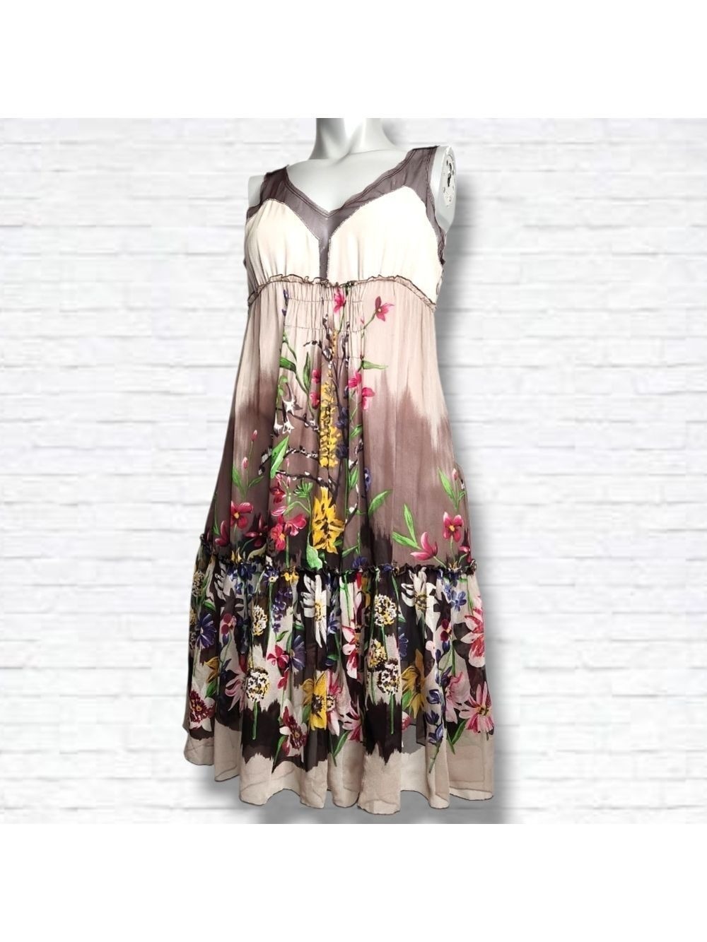 BCBG Maxazria Silk Y2K Brown Mesh Neckline Floral Print Fit & Flare Dress Size S